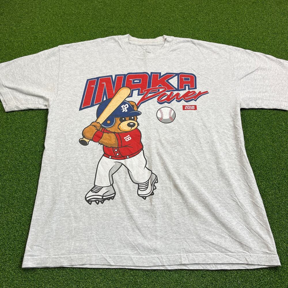 Y2K Inaka Power Baseball Bear Gray Graphic T-Shirt Sz XL